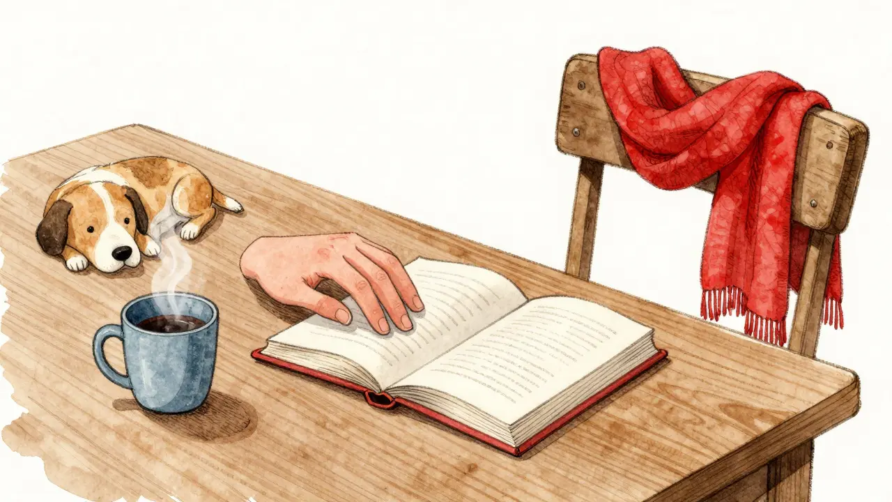 An open book and coffee on a table with a red scarf and sleeping dog, symbolizing quiet connection.