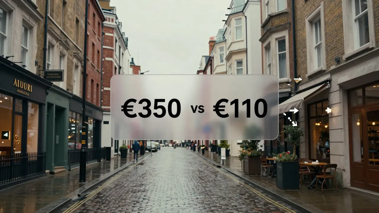 Contrasting cityscapes of London and Budapest with hourly rate prices displayed between them.