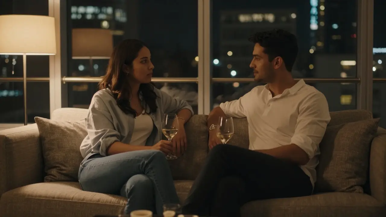 Couple sitting quietly in upscale lounge, wine glass between them, city lights visible through windows.