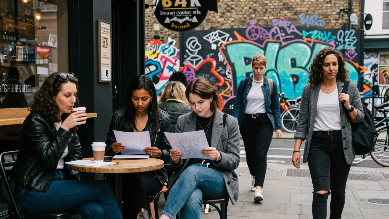 Diverse independent escorts in East London going about daily life—café, park, street art—with quiet confidence.