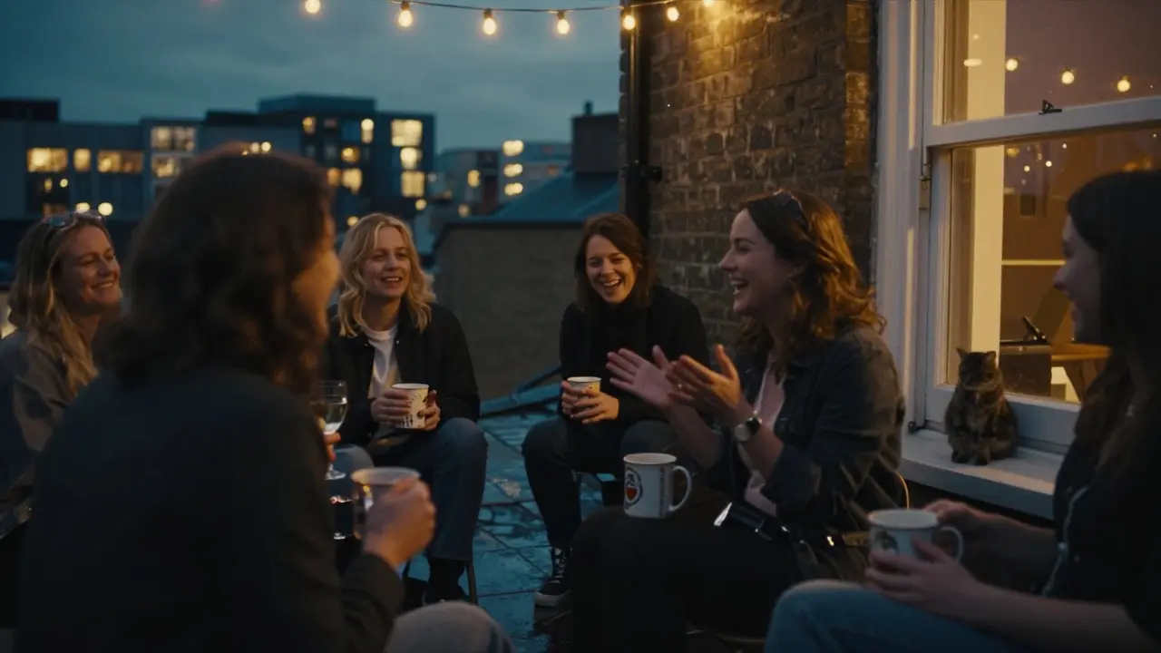 Friends laughing on a rooftop at dusk in East London, wine mugs in hand, city lights glowing behind them.
