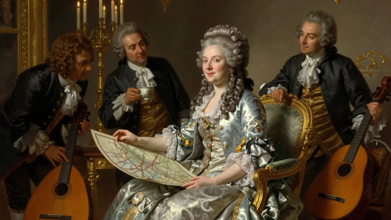 Madame de Pompadour sits regally in Versailles, holding a teacup while political maps lie nearby, candlelight glowing.