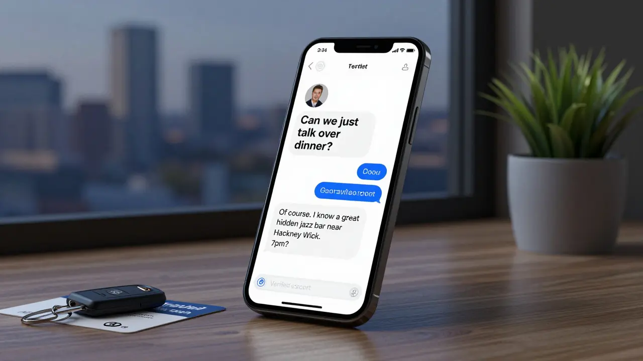 Smartphone screen showing a polite escort booking message for dinner, with hotel keycard and plant nearby.
