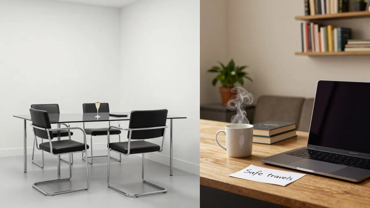 Split image contrasting sterile agency settings with warm, personal East London apartments.