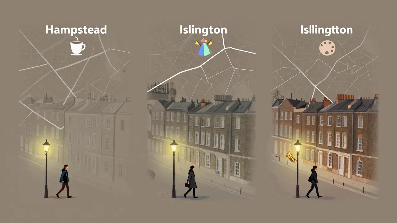 Three North London neighborhoods depicted as overlapping maps with subtle symbols representing independent escort encounters.