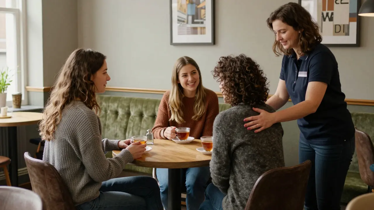 Three professional UK escorts in real-life settings—café, flat, and apartment—exuding calm dignity and connection.