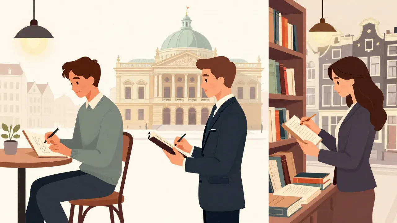 Three professional women in European cities: at a café, at an opera, and in a bookstore.