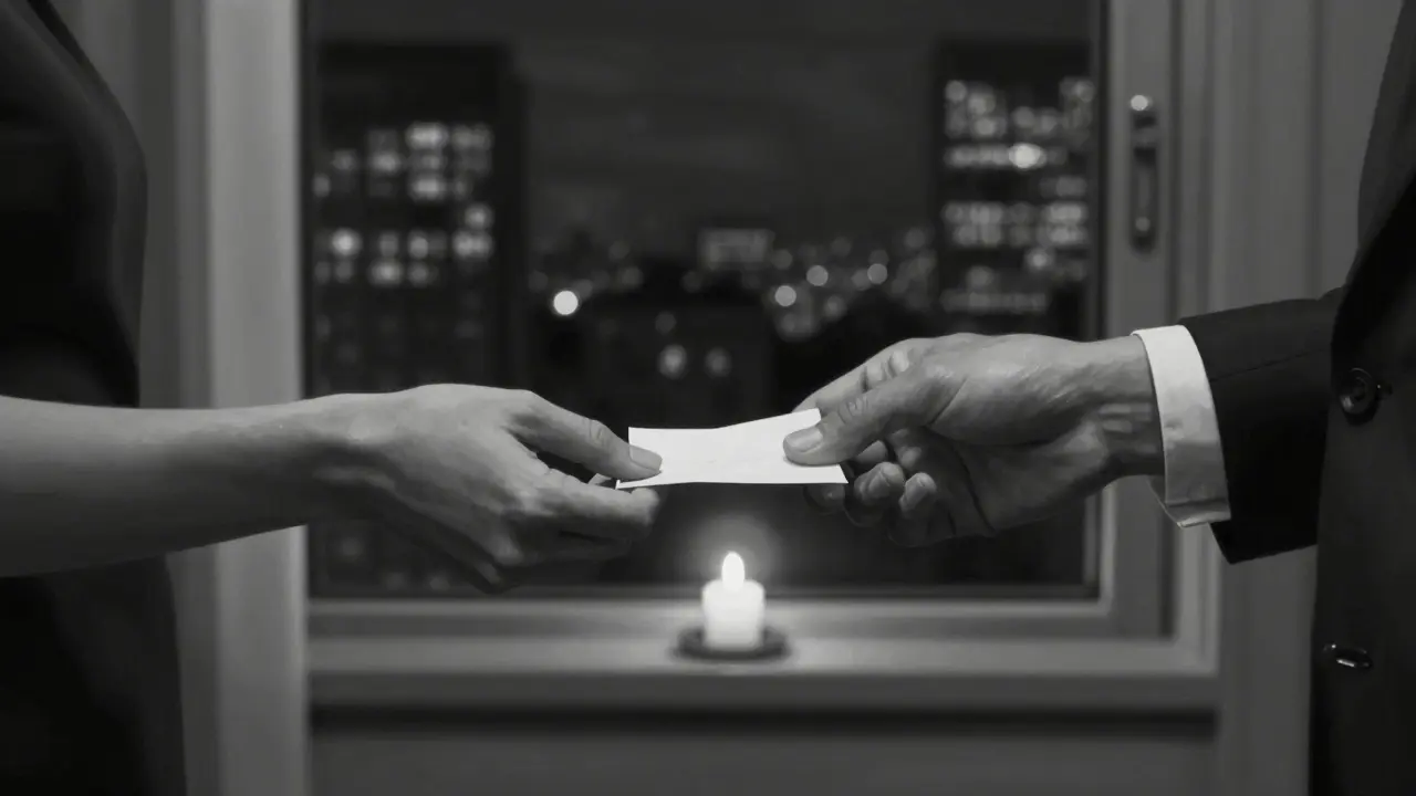 Two hands exchanging a note near a hotel door at night, symbolizing trust and boundaries in a paid companionship.