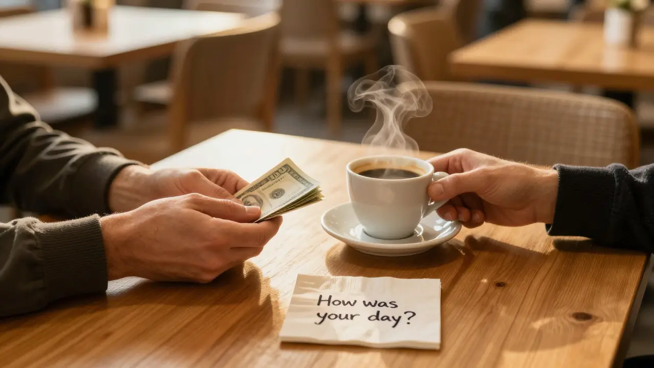 Two hands meeting over a table in Belgrade, cash and coffee between them, no faces visible.