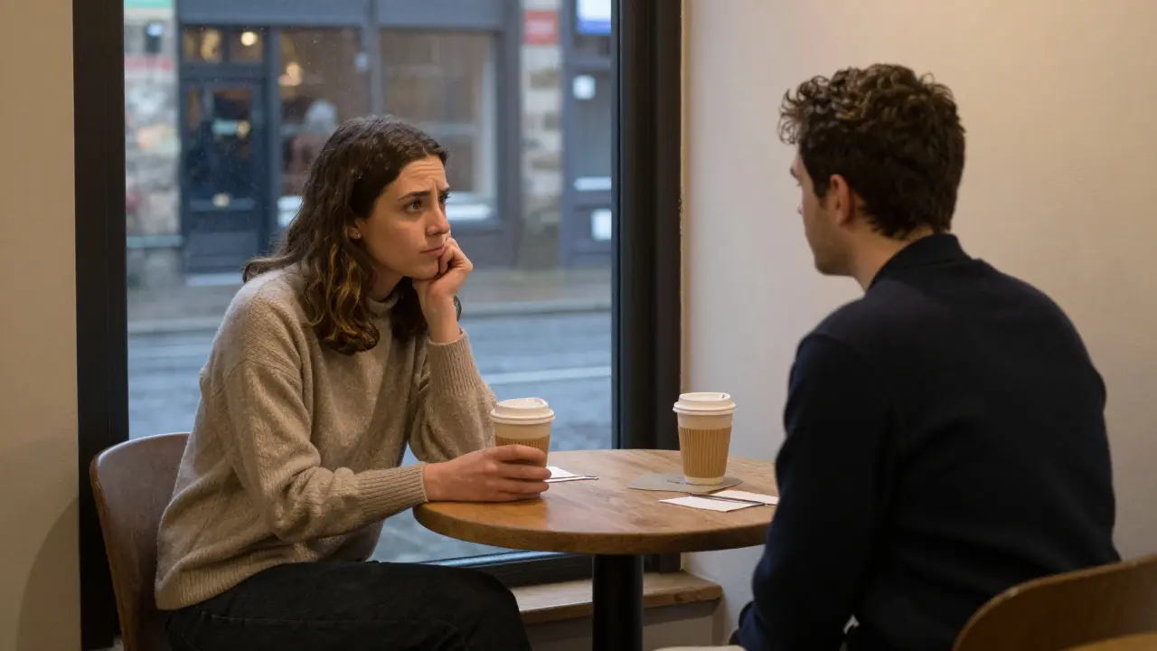 Two people meet for the first time in a quiet Manchester coffee shop, engaging in calm, thoughtful conversation under warm lighting.