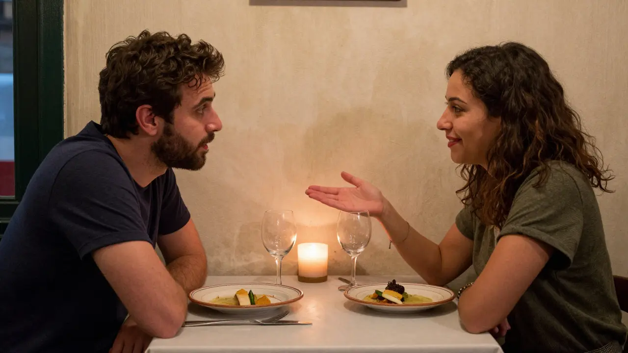 Two people sharing a quiet meal in Lisbon, engaged in thoughtful conversation with warm candlelight.