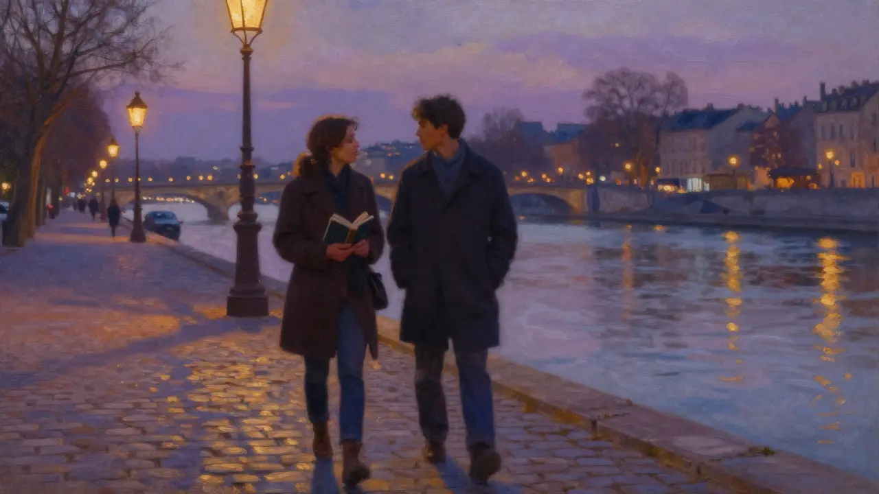Two people walking along the Seine at dusk, sharing a quiet, meaningful moment.