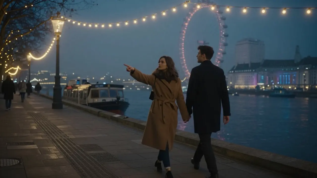 Two people walking peacefully along the Thames at night, illuminated by fairy lights and the glow of the London Eye.
