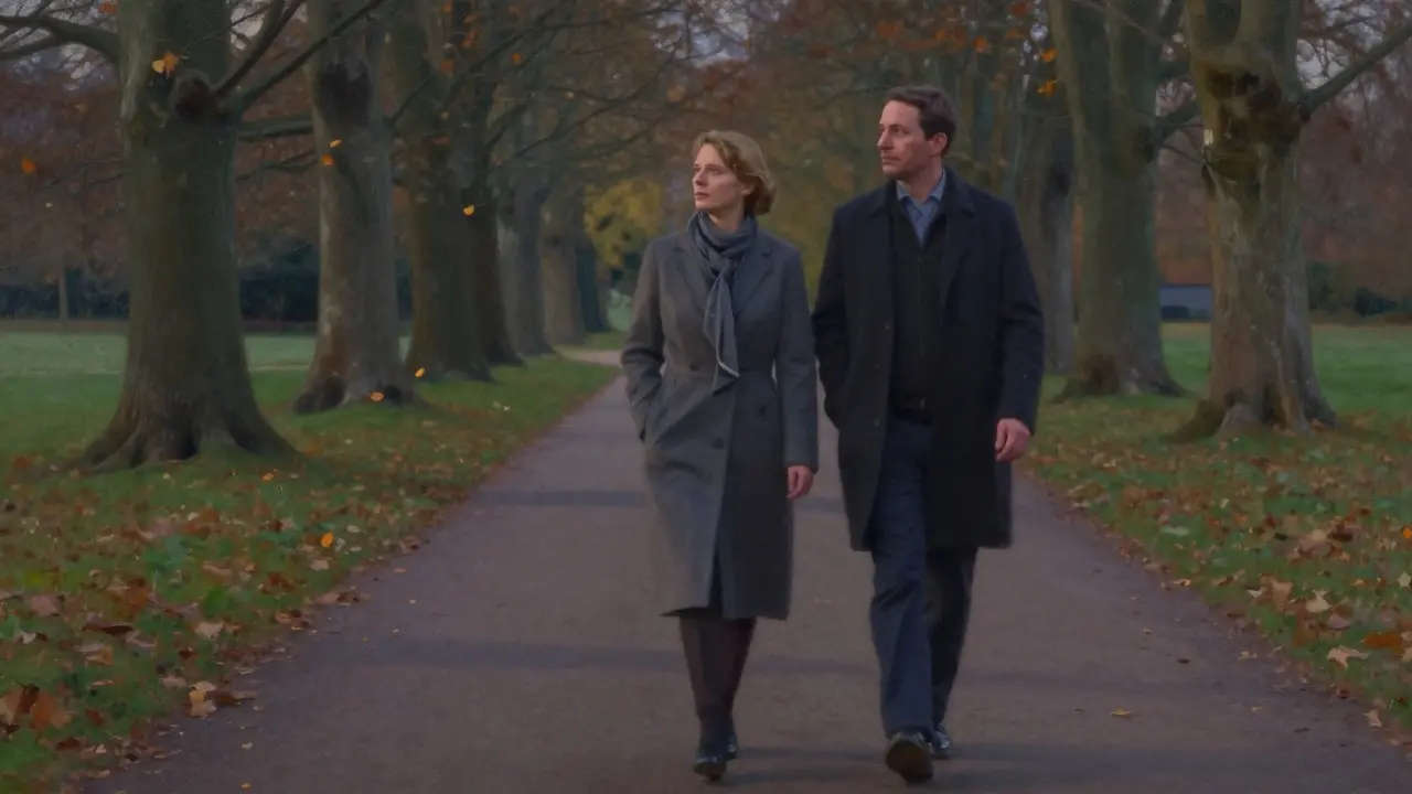 Two people walking side by side on a leaf-strewn park path at dusk, sharing quiet companionship.