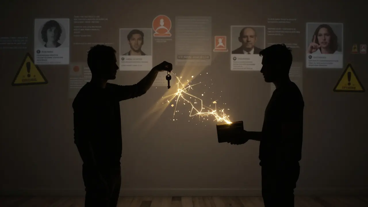 Two silhouettes connected by a fragile golden thread, surrounded by fading digital illusions of fake profiles.