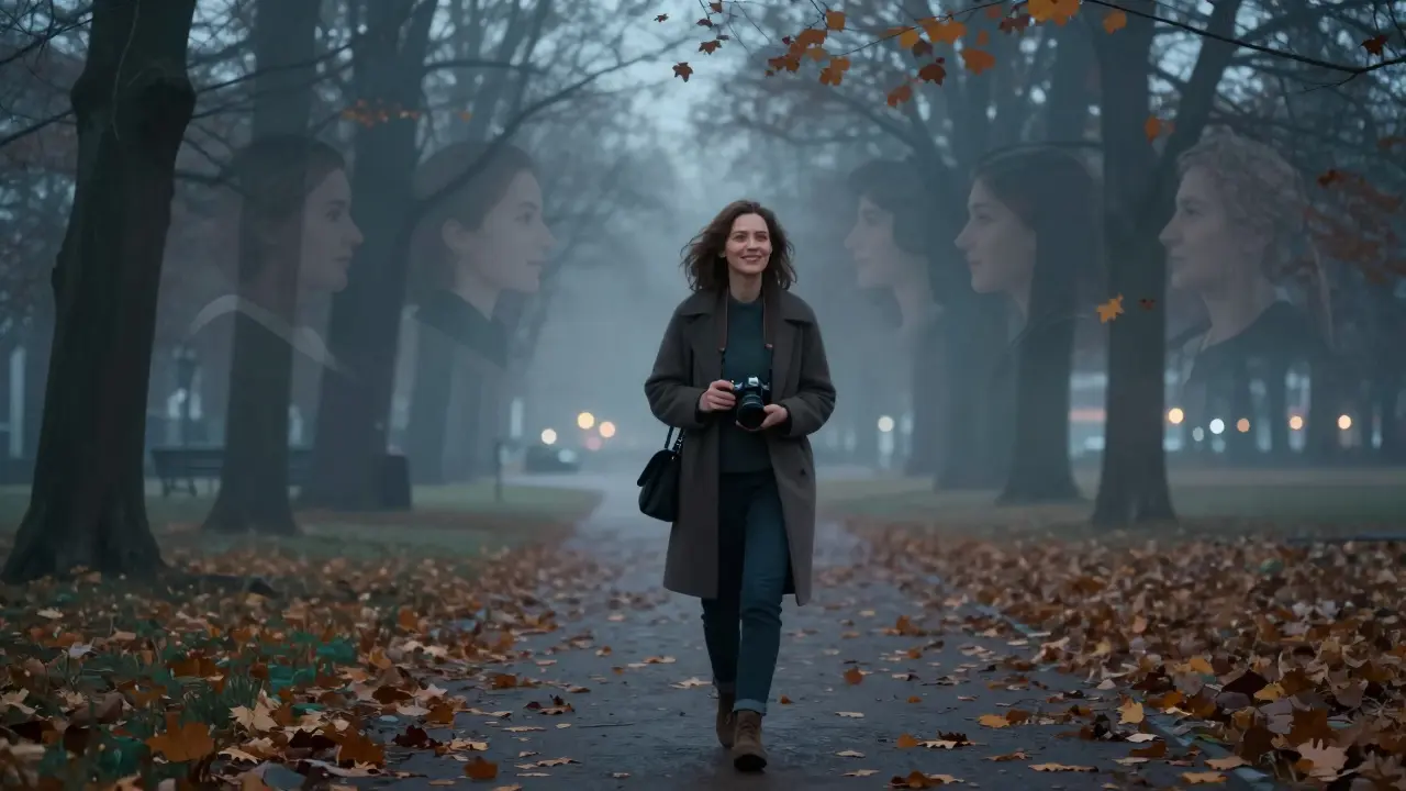 Woman from Riga walking in an autumn park with a camera, fake profile overlays fading behind her.