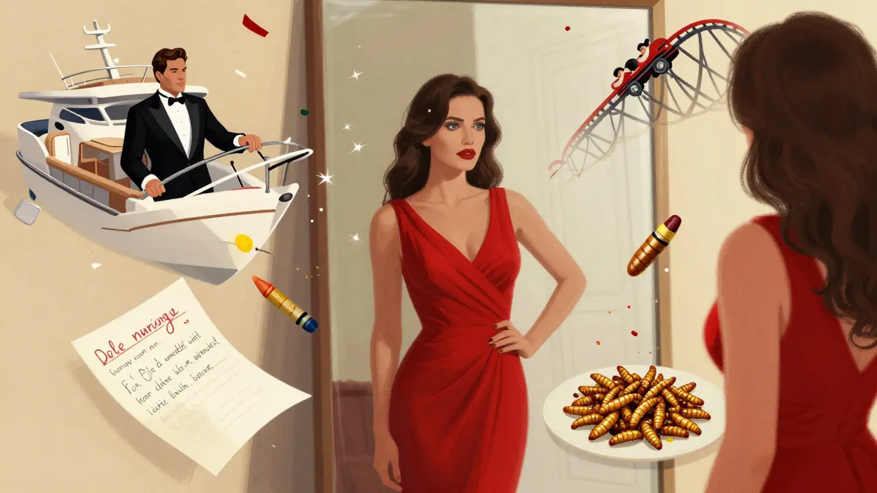 Woman in red dress surrounded by floating memories of wild dates.