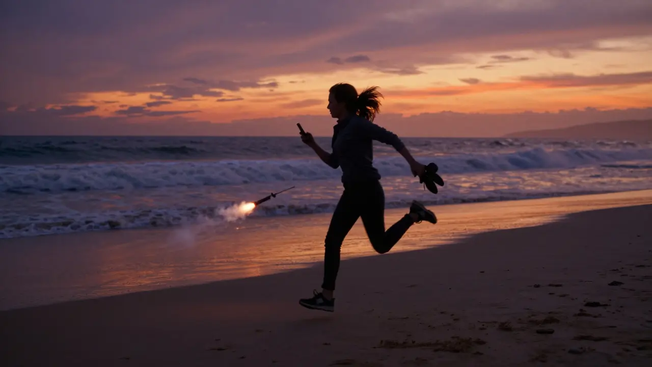 Woman running from a beach at sunset as a flare smokes behind her.