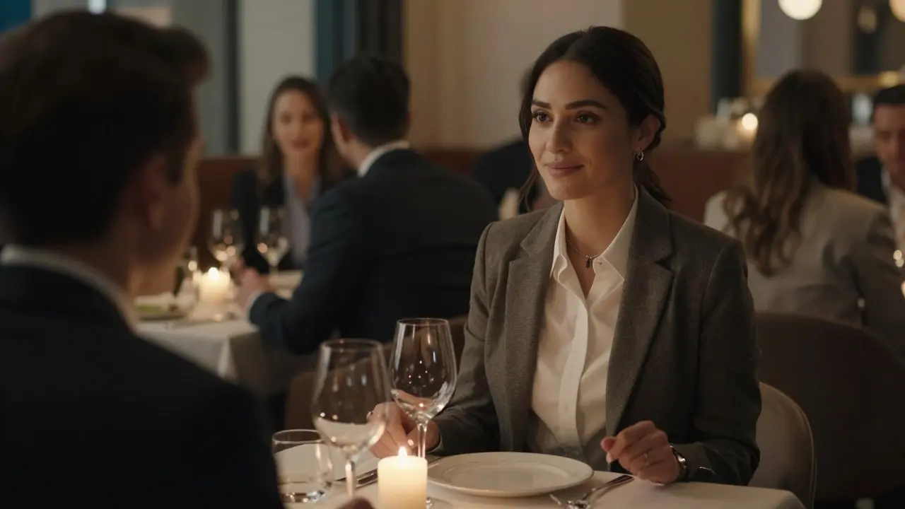 A client and escort sharing a quiet dinner at a restaurant, engaged in thoughtful conversation.