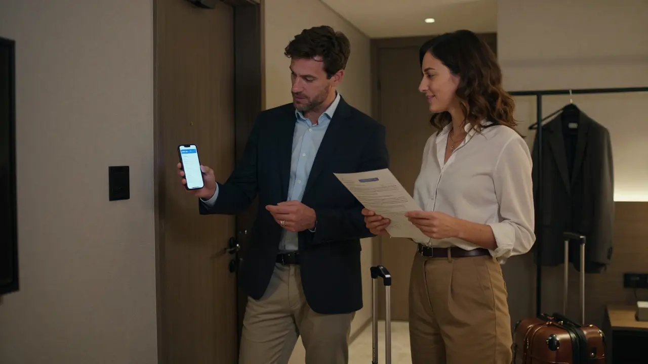 A client and escort verifying a booking agreement and payment confirmation in a hotel room.