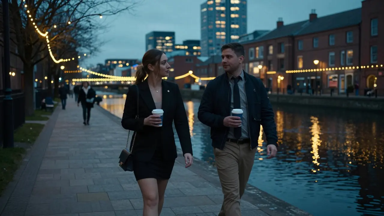 A client and escort walking peacefully along a canal in Manchester at night, under soft string lights.