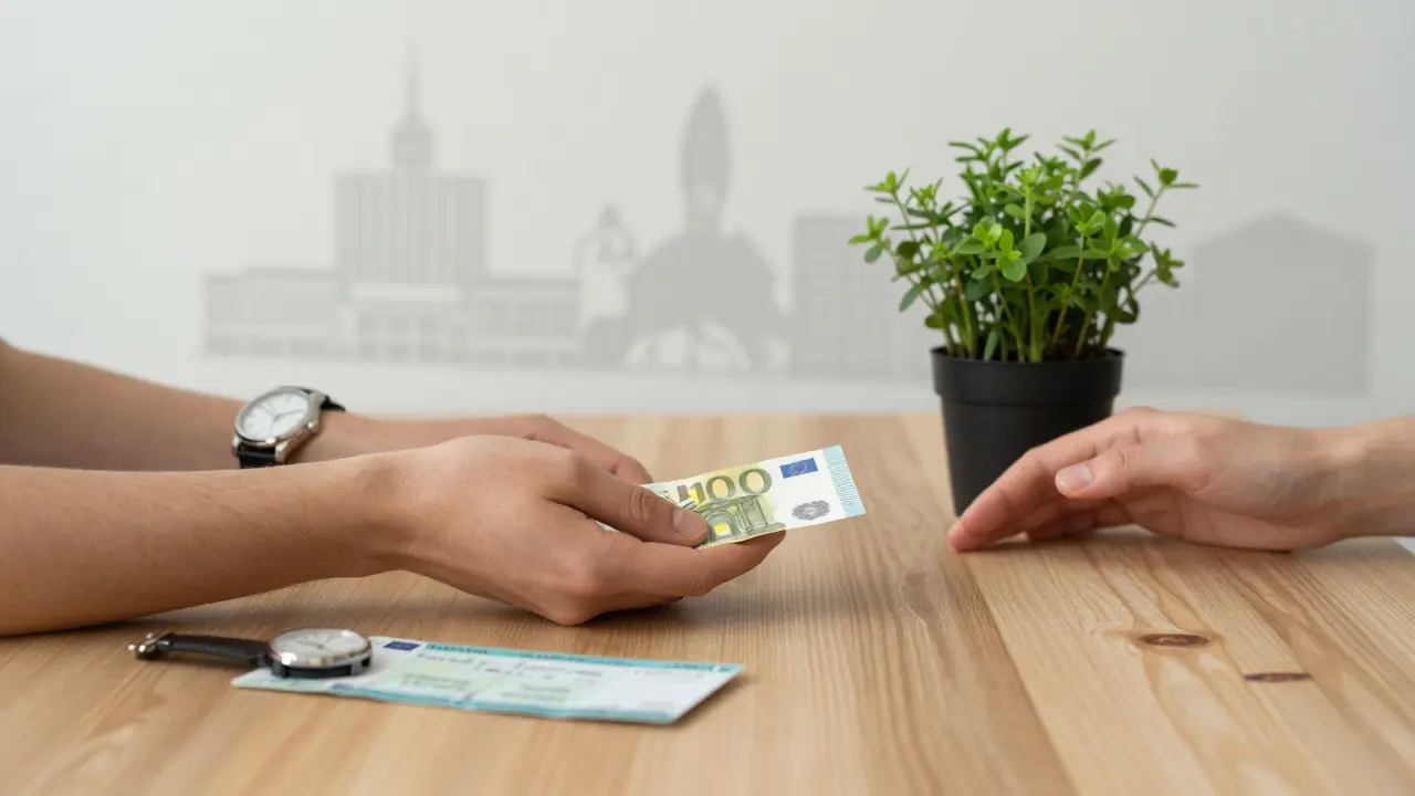 A folded euro note and a potted plant placed together on wood, symbolizing respectful, meaningful exchange.