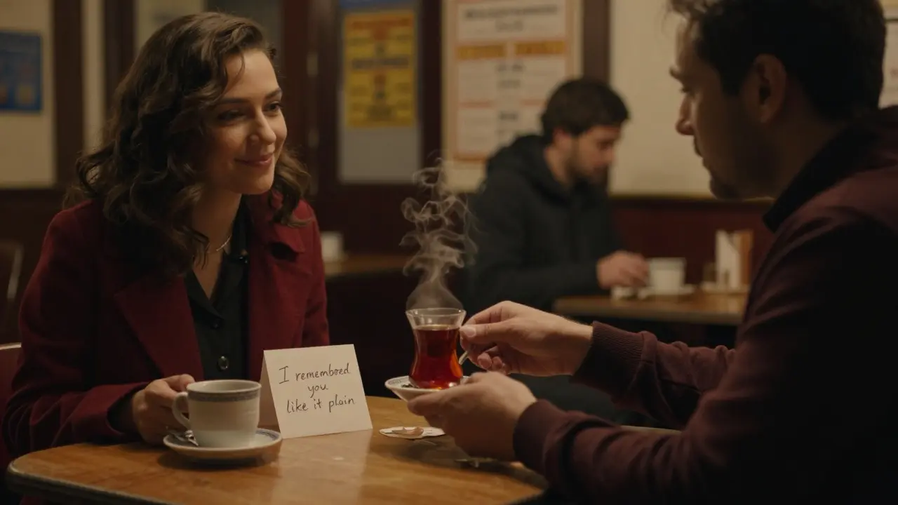 A man places a cup of tea before a woman in a Lisbon bistro, a handwritten note beside it, warm lighting and vintage tableware.