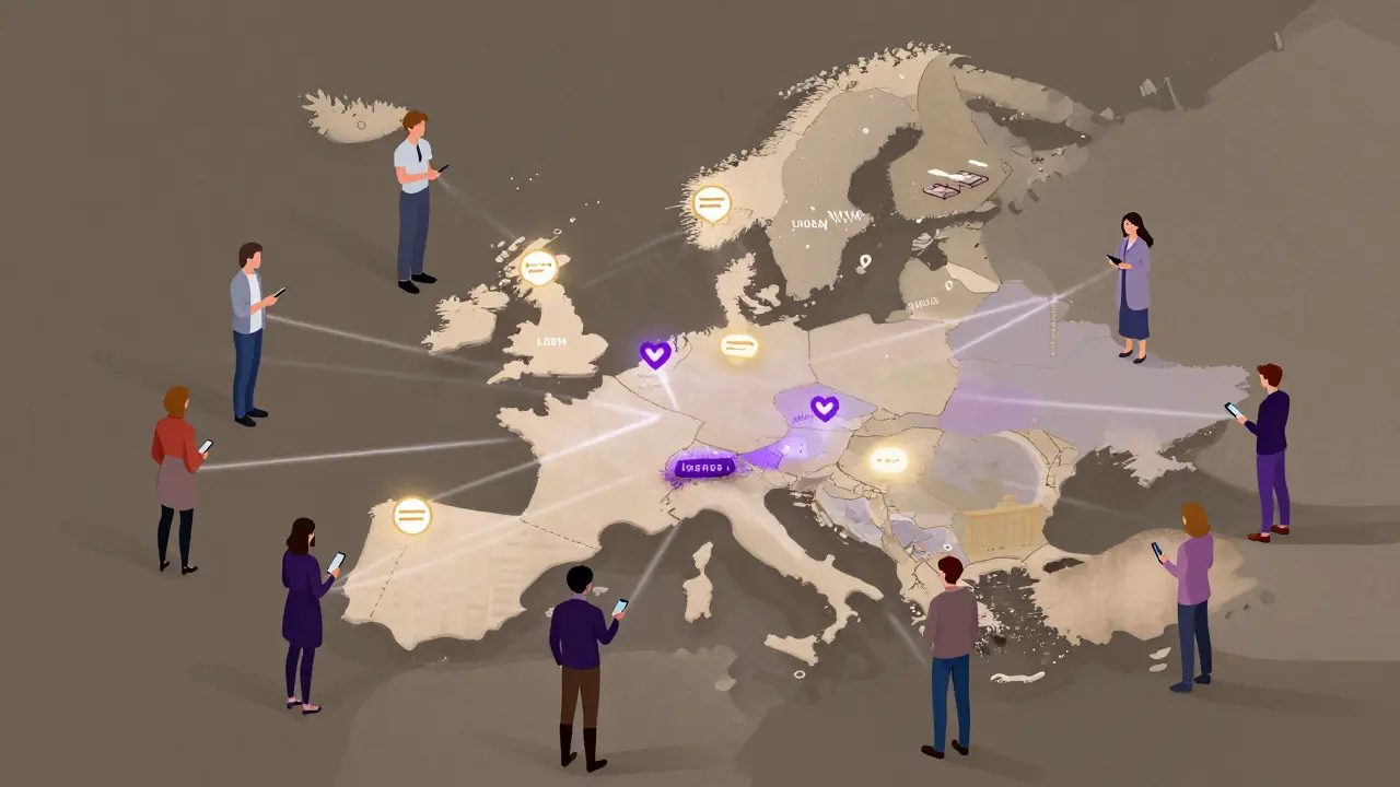 A map of Europe with glowing connections between people using a dating platform across cities.