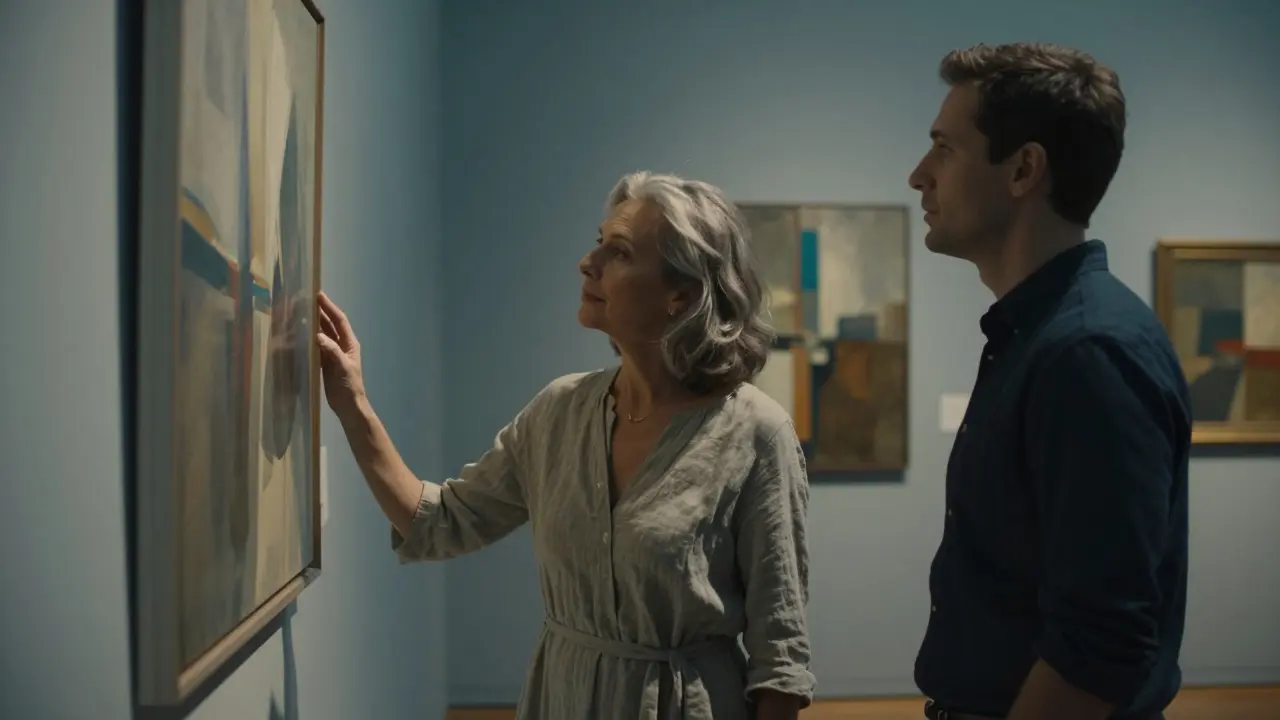 A mature woman studies an abstract painting in a gallery, a younger man beside her captivated by her quiet presence.