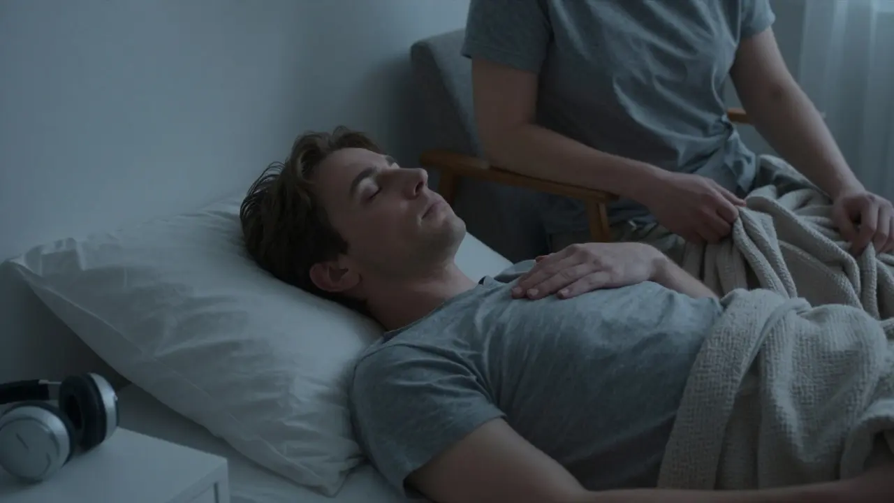 A person resting peacefully after a session, with a blanket nearby and headphones on the nightstand.