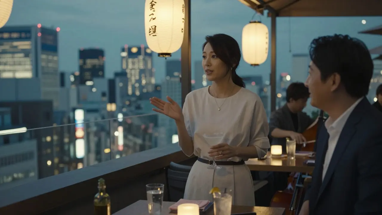 A poised woman in minimalist attire converses calmly on a Tokyo rooftop lounge at dusk, surrounded by soft lantern light and city glow.