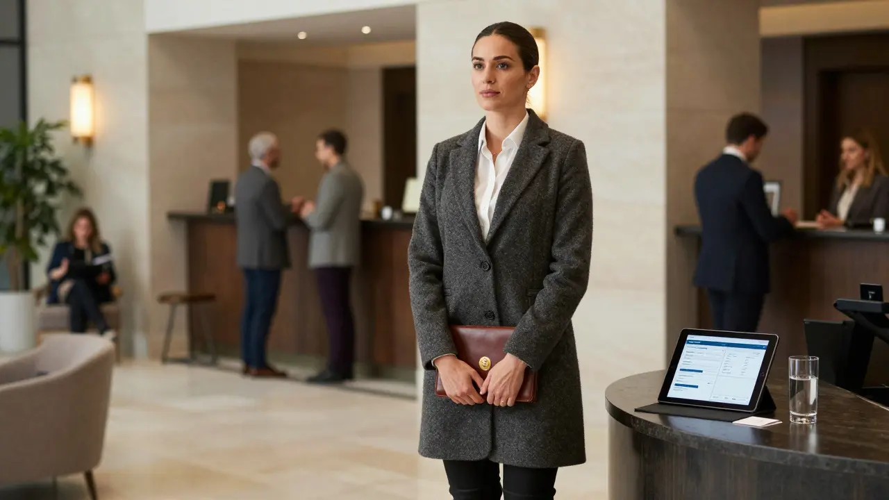 A professional adult escort standing confidently in a hotel lobby, dressed elegantly, holding a portfolio with calm assurance.