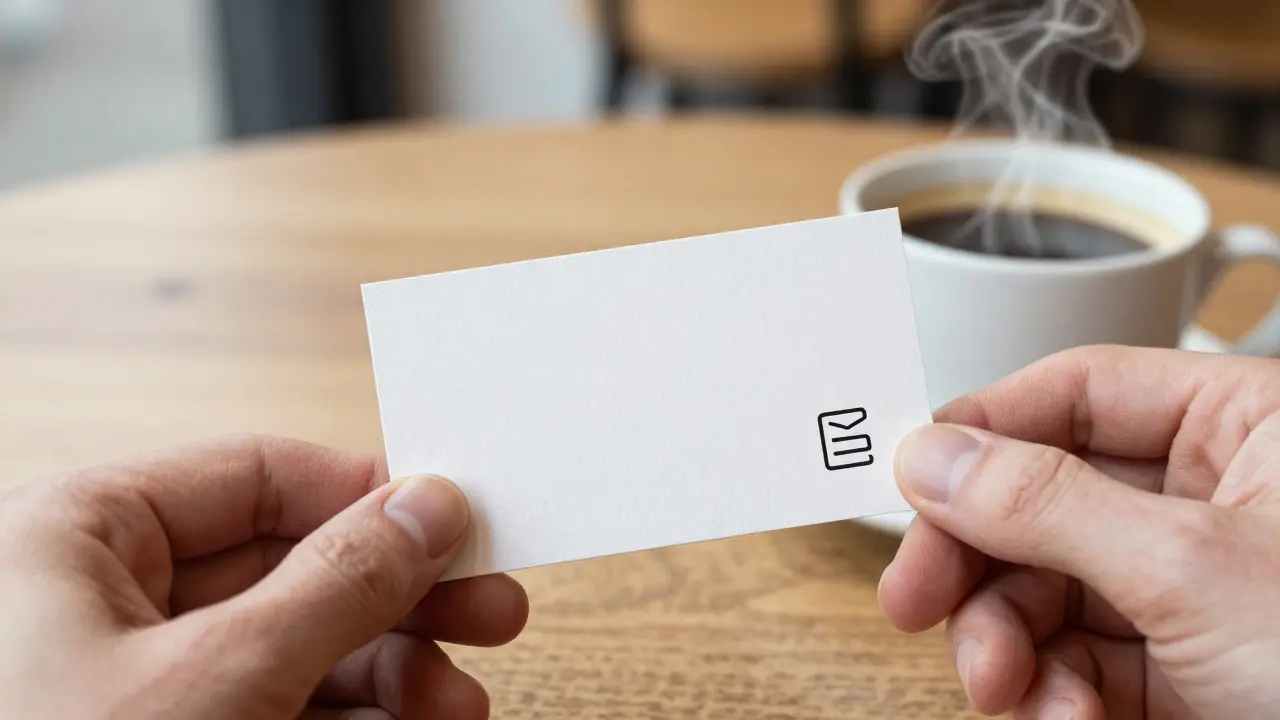A professional business card beside a cup of coffee in a quiet North London café, no text visible.
