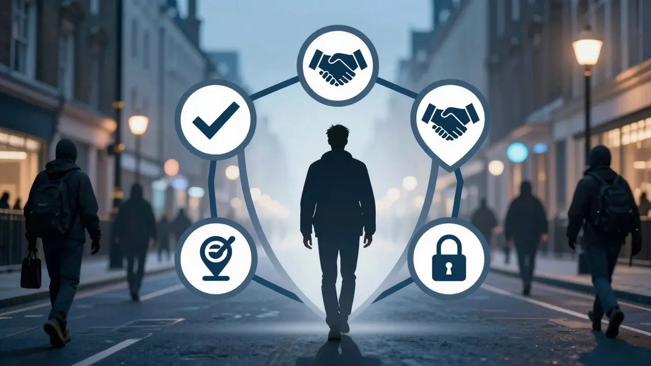 A protective shield of safety symbols guarding a person walking confidently through London at night.