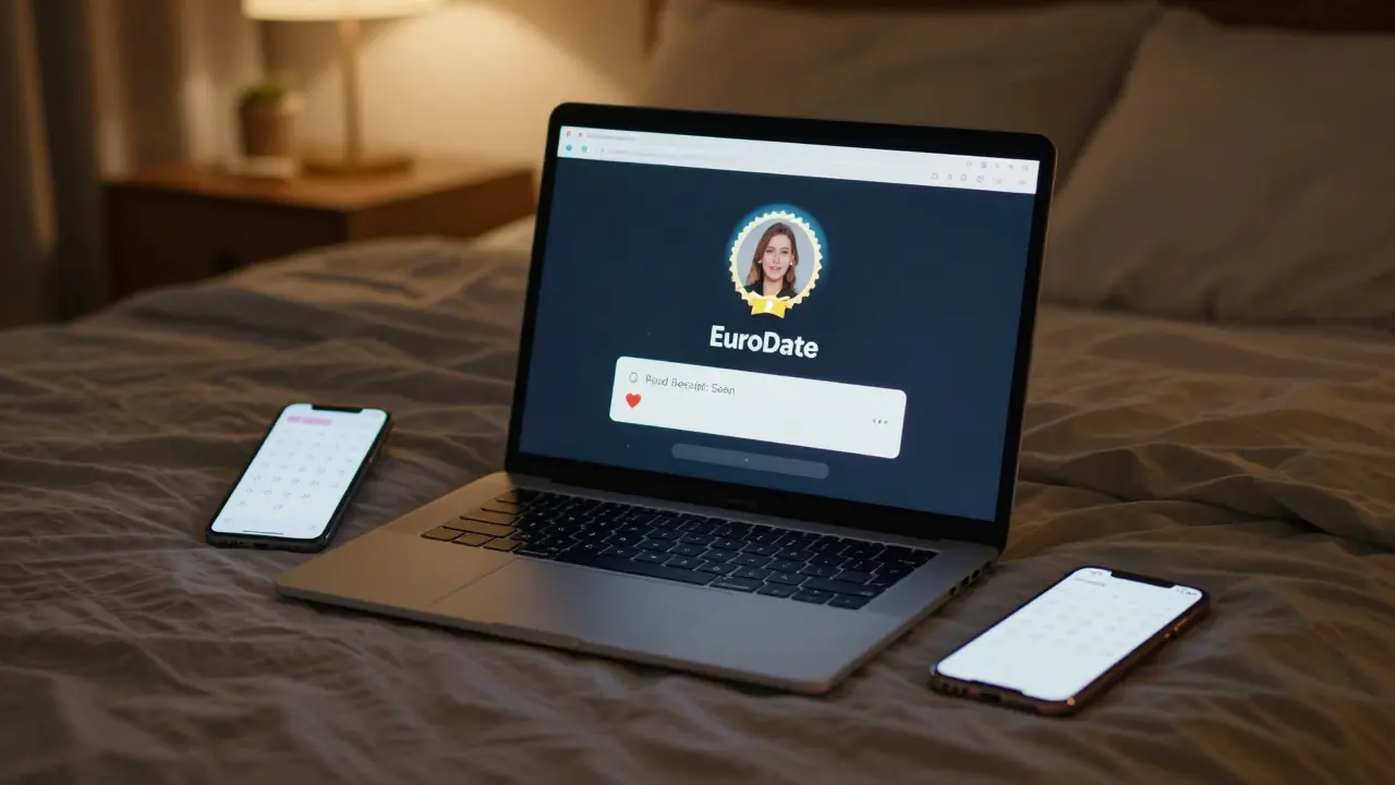 A user reading a message with a read receipt on a laptop in a quiet bedroom at night.