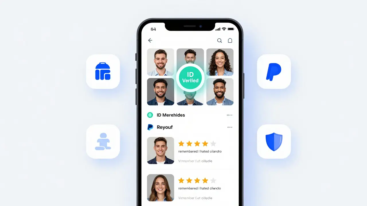 A verified escort profile on a smartphone with authentic photos and positive reviews, showing safety badges.
