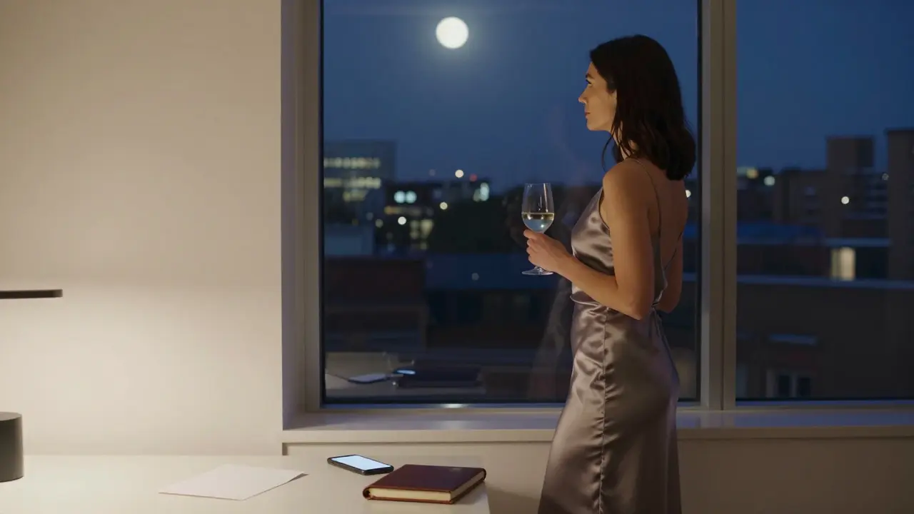 A woman standing by a window in a minimalist apartment, gazing at city lights at night.