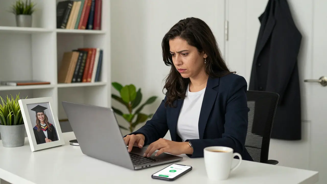 An independent escort reviewing client details on a laptop, with safety apps visible on her phone.