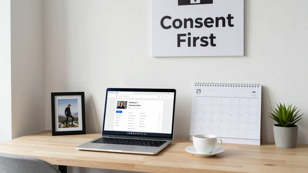 An independent escort working professionally from home, with a booking platform open and 'Consent First' visible.