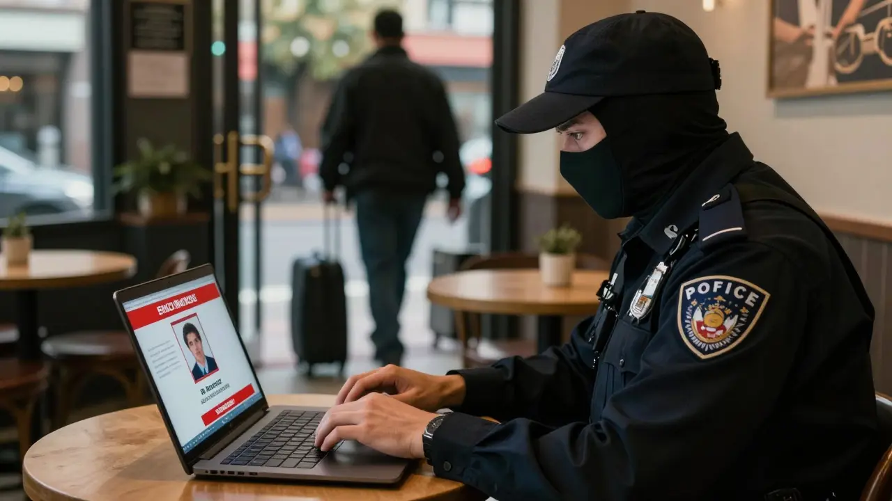 An undercover officer reviewing a fake escort ad on a laptop in a quiet café.