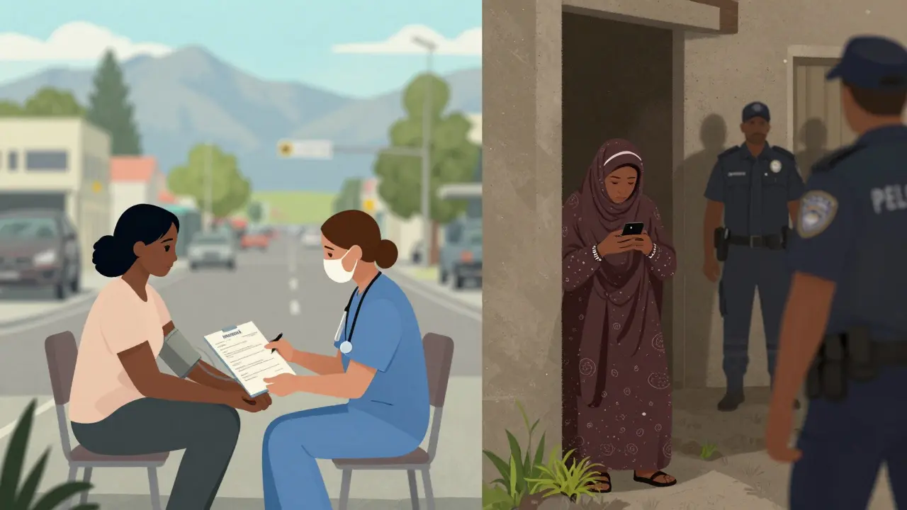 Contrasting scenes: a sex worker receiving support in New Zealand vs. hiding in fear in Nigeria.