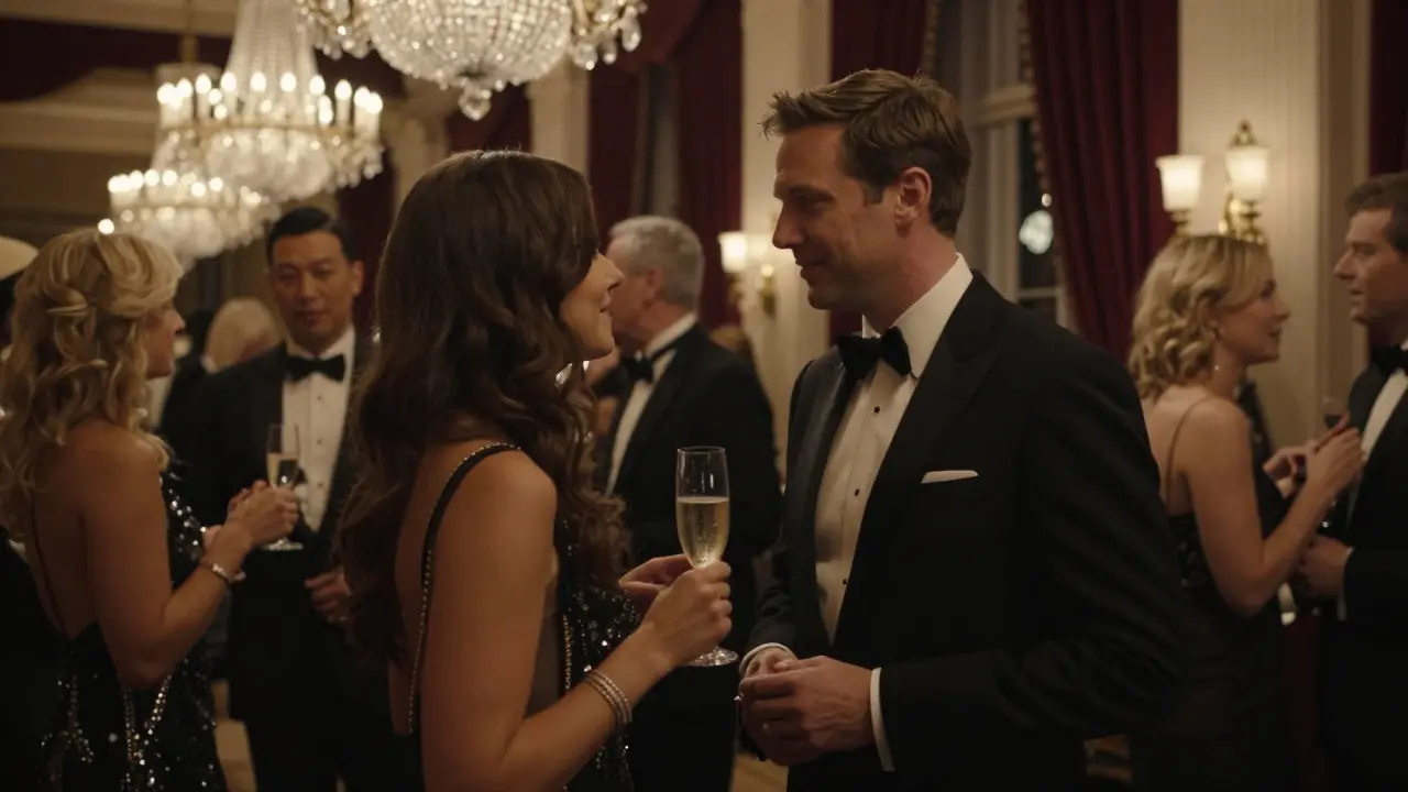 Couple at charity gala in elegant attire blending into sophisticated event