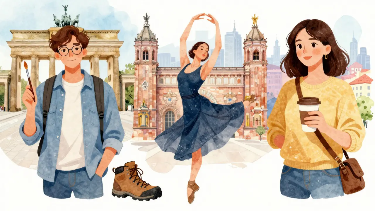 Diverse European companions illustrated with personal items and city backdrops, emphasizing individual stories
