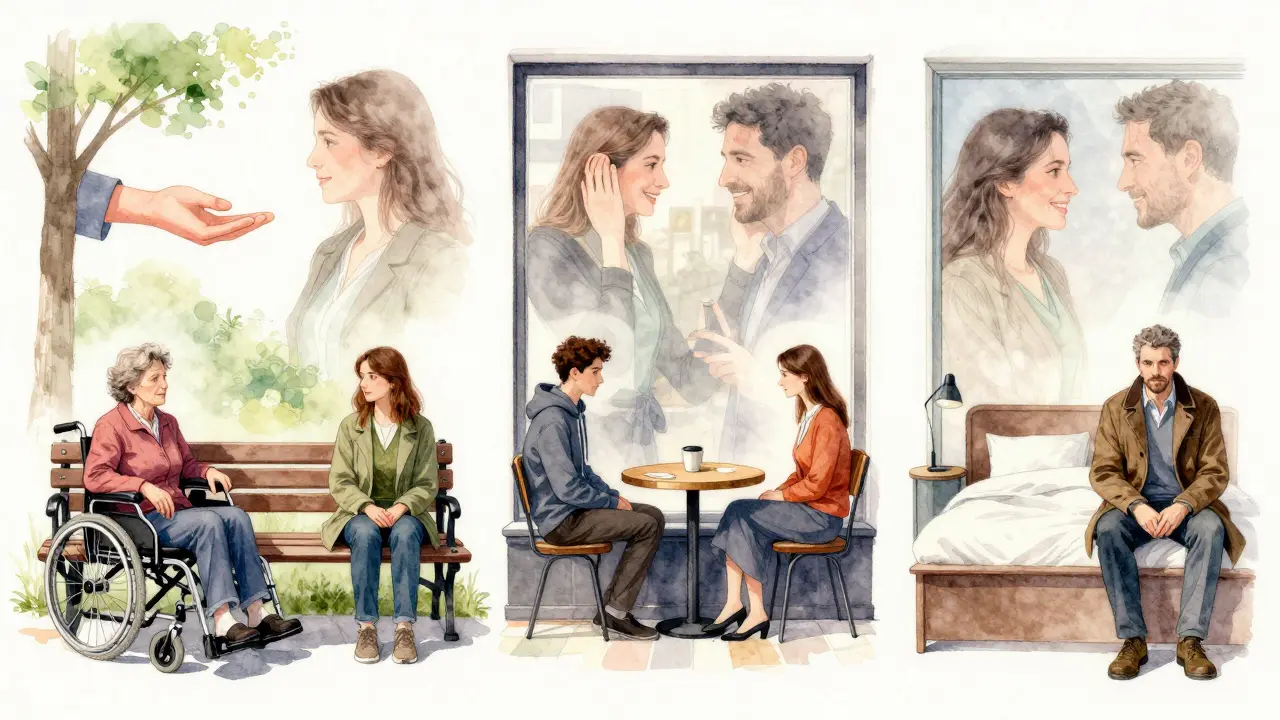 Diverse individuals in quiet moments, with faint images of compassionate companionship surrounding them.