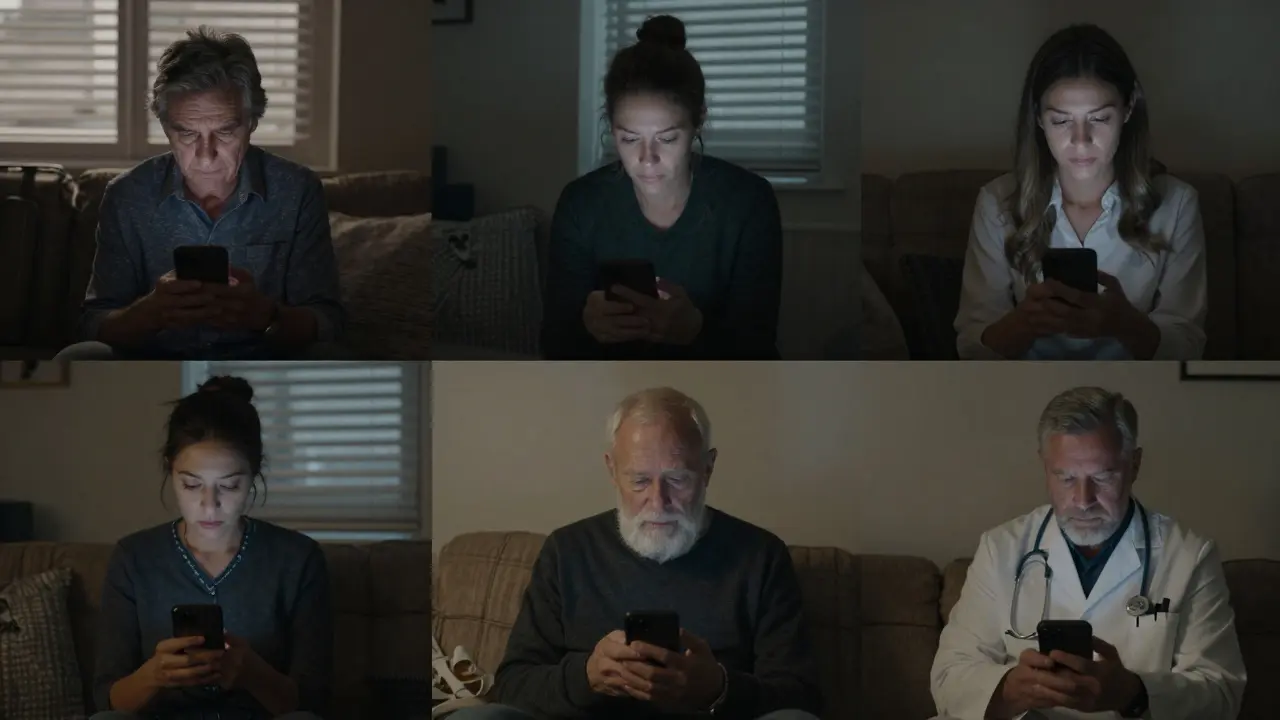 Four different individuals alone at home, looking at their phones with booking confirmations for companionship services.