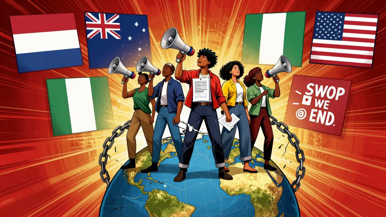 Global sex worker activists breaking chains on a globe, holding legal documents and megaphones.