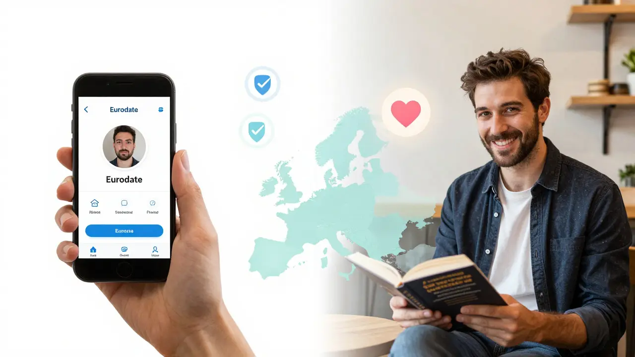 Man in Madrid with verified Eurodate profile on phone, smiling in a café with a Spanish book.