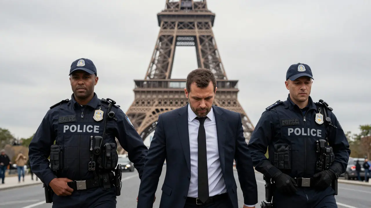 Man in suit detained by police in Paris, Eiffel Tower visible