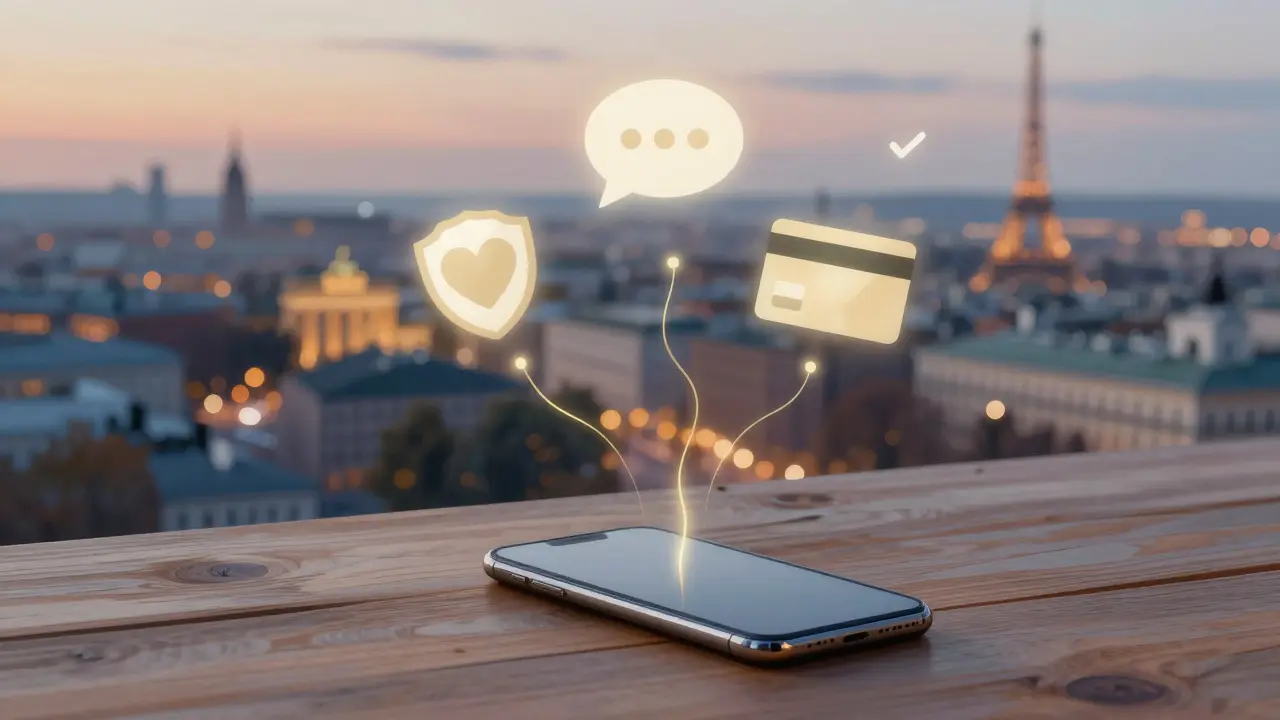 Overhead view of European cityscape with floating dating app icons connected by golden threads to a smartphone.