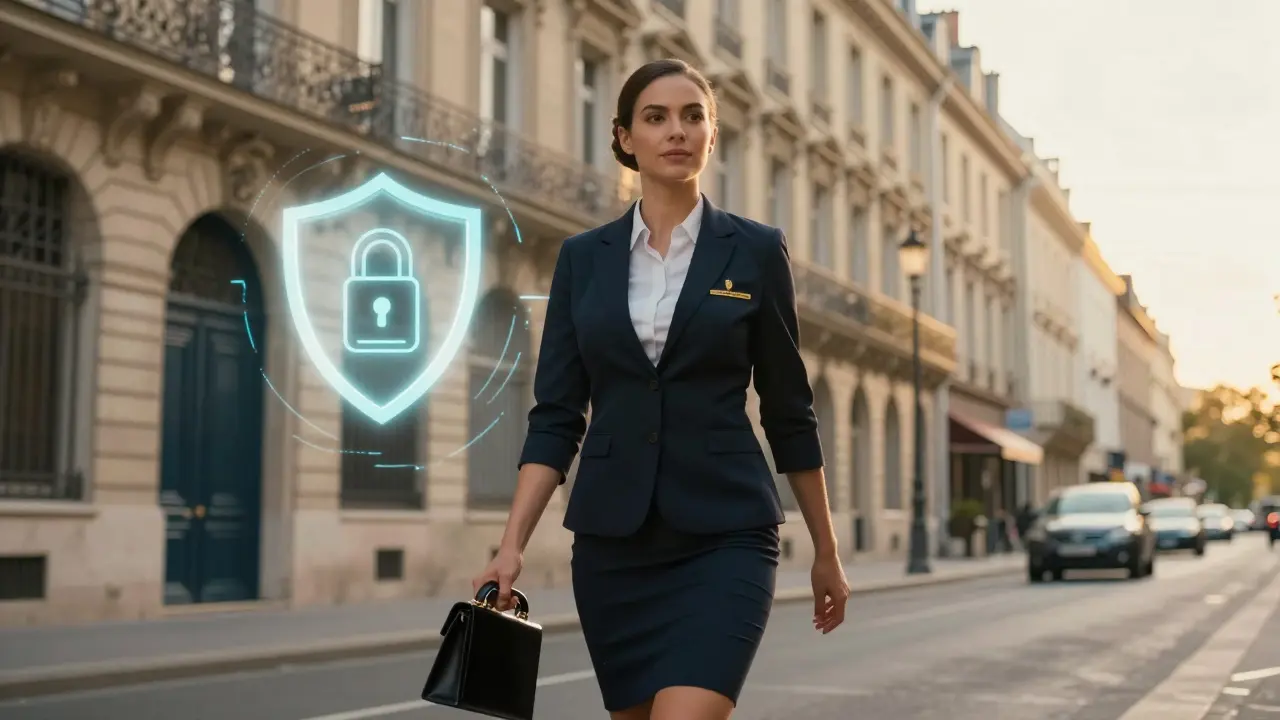 Professional escort in Paris street scene with subtle security shield symbol